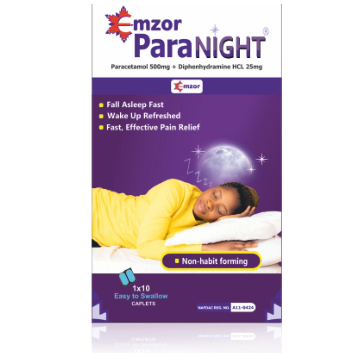Emzor ParaNight – Box of 10 caplets for nighttime relief of pain, fever, and cold symptoms to promote restful sleep