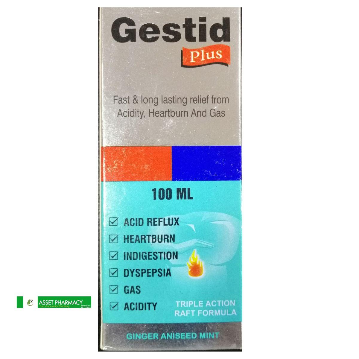 Gestid Plus Suspension – 100ml bottle of fast-acting antacid and anti-flatulent liquid for relief from heartburn, indigestion, and gas – product label clearly shown.
