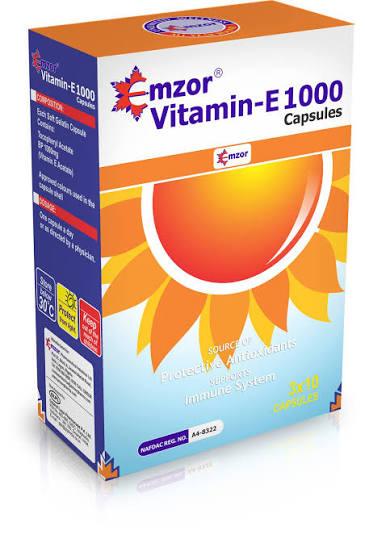 Emzor Vitamin E 1000mg Capsules 30 Caps high-strength vitamin E food supplement formulated to support antioxidant protection healthy skin immune system function protection of cells from oxidative stress and overall wellbeing, original Emzor Vitamin E 1000mg Capsules available from Asset Pharmacy