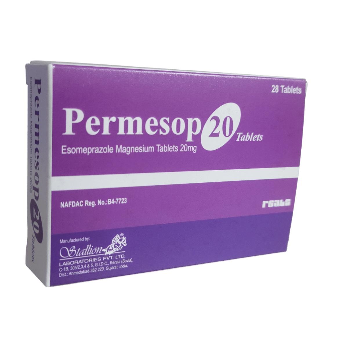 Permesop 20 Tablets – Esomeprazole 20mg, 28 tablets pack for acid reflux, heartburn, and GERD treatment, available online at Asset Pharmacy Lagos Nigeria.